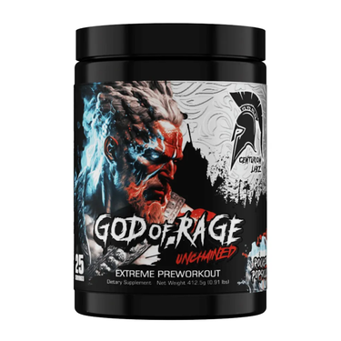 Black container of 'God of Rage' extreme preworkout supplement with warrior graphic on label.