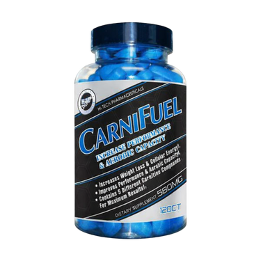 A bottle of Carnifuel dietary supplement by Tech Pharmaceuticals, containing blue tablets, with a black and white label and a dark blue cap.