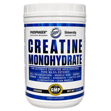 A white plastic tub of Phosphagen Creatine Monohydrate dietary supplement with a white label featuring bold blue and black text and blue metallic accents.