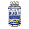 A bottle of Quercetin dietary supplement containing 120 yellow tablets, featuring a white and blue label with green leaf graphics and a sealed shipping cap.