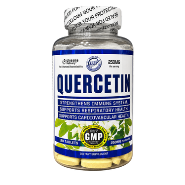 A bottle of Quercetin dietary supplement containing 120 yellow tablets, featuring a white and blue label with green leaf graphics and a sealed shipping cap.