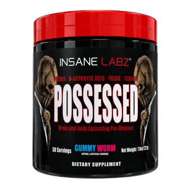 Insane Labz Possessed Gummy Worm pre-workout supplement in a black plastic tub with a bright red lid. The label features a black background with the brand name 'INSANE LABZ' in white, the product name 'POSSESSED' in large white letters, and illustrations of two possessed heads on either side of the text.