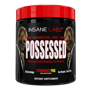 Insane Labz Possessed pre-workout supplement container, featuring a black jar with a bright red lid and a label depicting two ape-like figures holding swords, with the word 'POSSESSED' in large white letters.