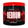 A black plastic tub of Insane Labz Redrum dietary supplement with a bright red lid and a black label featuring red devil illustrations and bold white text.