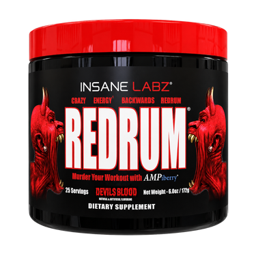 A black plastic tub of Insane Labz Redrum dietary supplement with a bright red lid and a black label featuring red devil illustrations and bold white text.