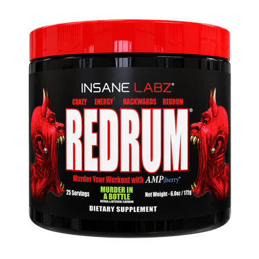 A black plastic tub of Insane Labz Redrum dietary supplement with a bright red lid and a black label featuring red devil illustrations and bold white text.
