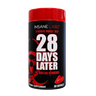 A black plastic bottle of Insane Labz '28 Days Later' dietary supplement with a bright red cap, featuring bold white and red text on the label.