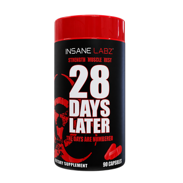 A black plastic bottle of Insane Labz '28 Days Later' dietary supplement with a bright red cap, featuring bold white and red text on the label.
