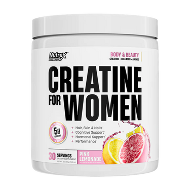 Nutrex Creatine for Women supplement container in the pink lemonade flavor on a white background