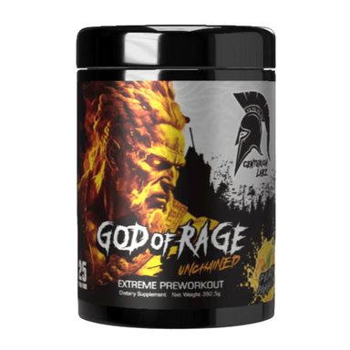 Supplement container labeled 'God of Rage' on a white background