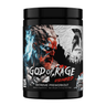 Black container of 'God of Rage' extreme preworkout supplement with warrior graphic on label.