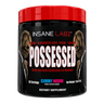 Insane Labz Possessed Gummy Worm pre-workout supplement in a black plastic tub with a bright red lid. The label features a black background with the brand name 'INSANE LABZ' in white, the product name 'POSSESSED' in large white letters, and illustrations of two possessed heads on either side of the text.