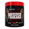 Insane Labz Possessed pre-workout supplement container, featuring a black jar with a bright red lid and a label depicting two ape-like figures holding swords, with the word 'POSSESSED' in large white letters.