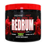 A black plastic tub of Insane Labz Redrum dietary supplement with a bright red lid and a black label featuring red devil illustrations and bold white text.