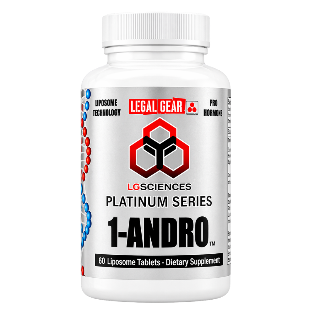 Supplement bottle labeled '1-Andro' by Legal Gear on a white background