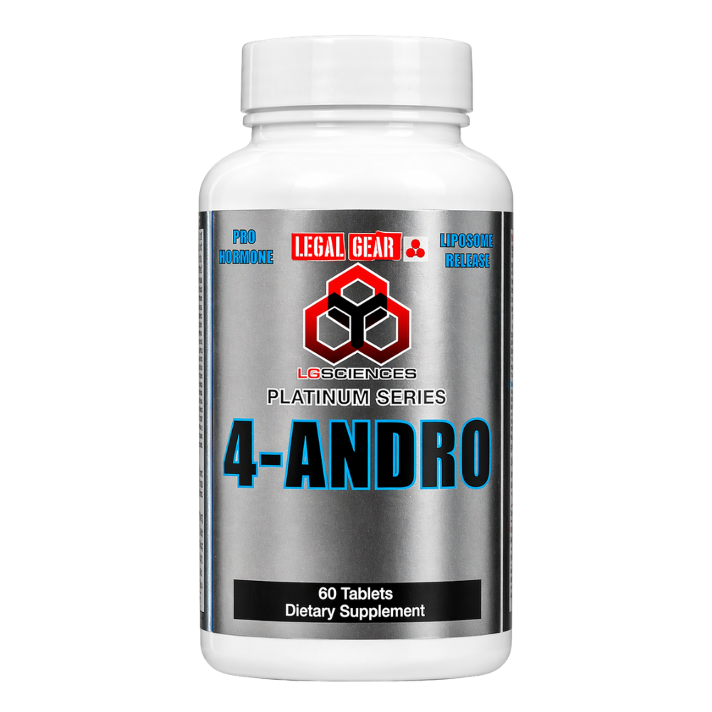 Supplement bottle labeled '4-Andro' with branding on a white background