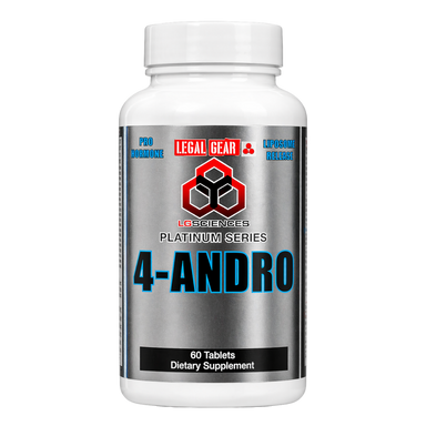Supplement bottle labeled '4-Andro' with branding on a white background