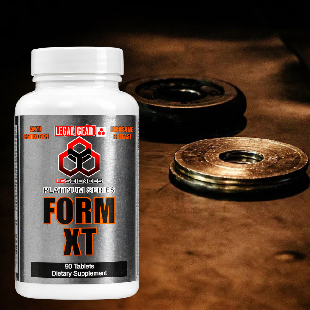 Supplement bottle labeled 'Form XT' on a dark background with weights.