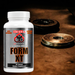 Supplement bottle labeled 'Form XT' on a dark background with weights.