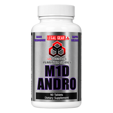 Supplement bottle labeled 'M1D Andro' with 'Legal Gear' branding on a white background