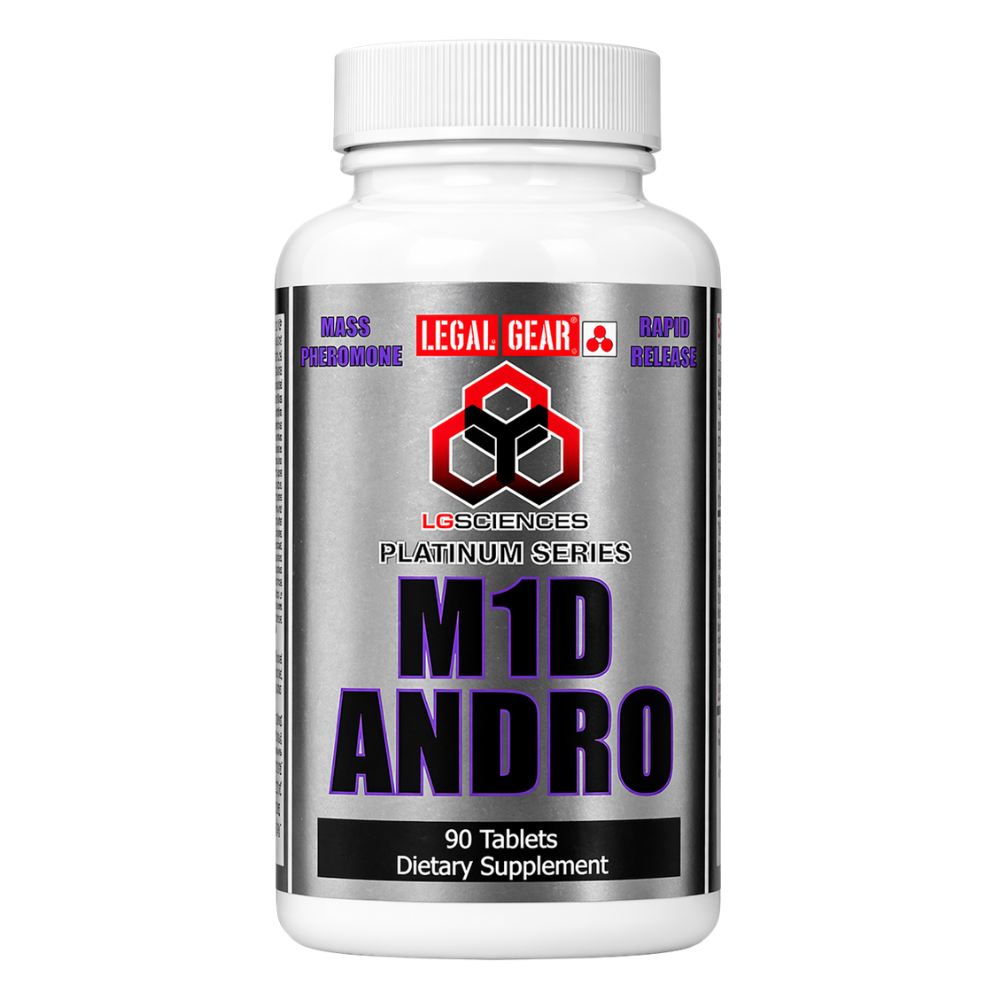 Supplement bottle labeled 'M1D Andro' with 'Legal Gear' branding on a white background