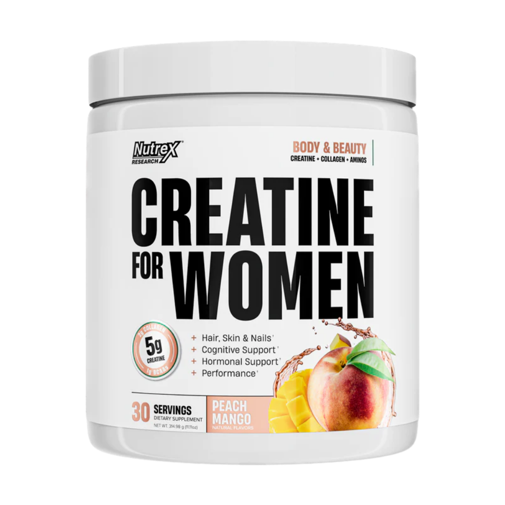 Nutrex Creatine for Women supplement container in the peach mango flavor on a white background