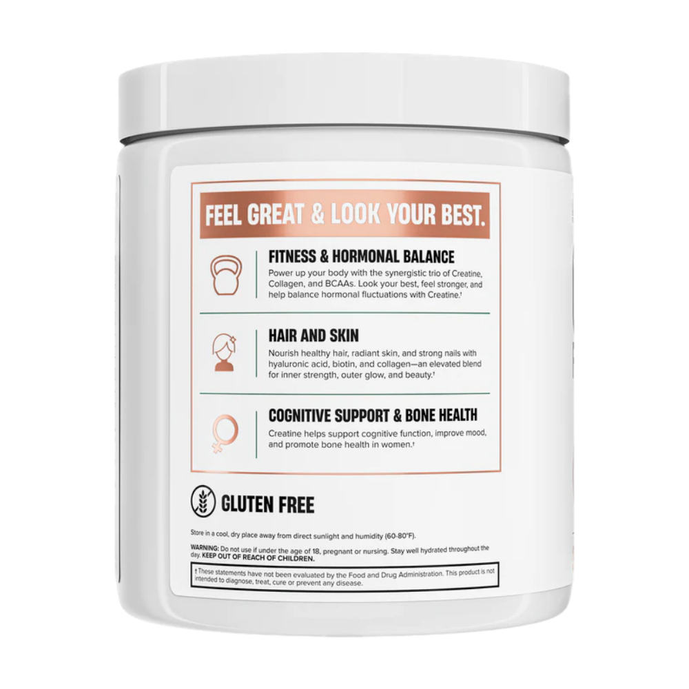 Nutrex creatine for women supplement container in the peach mango flavor with text on a white background