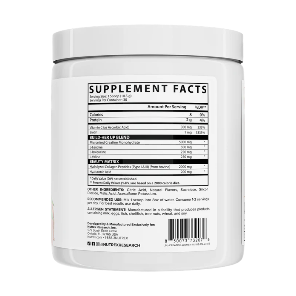 Nutrex creatine for women supplement container in the peach mango flavor with a label displaying 'Supplement Facts' on a white background