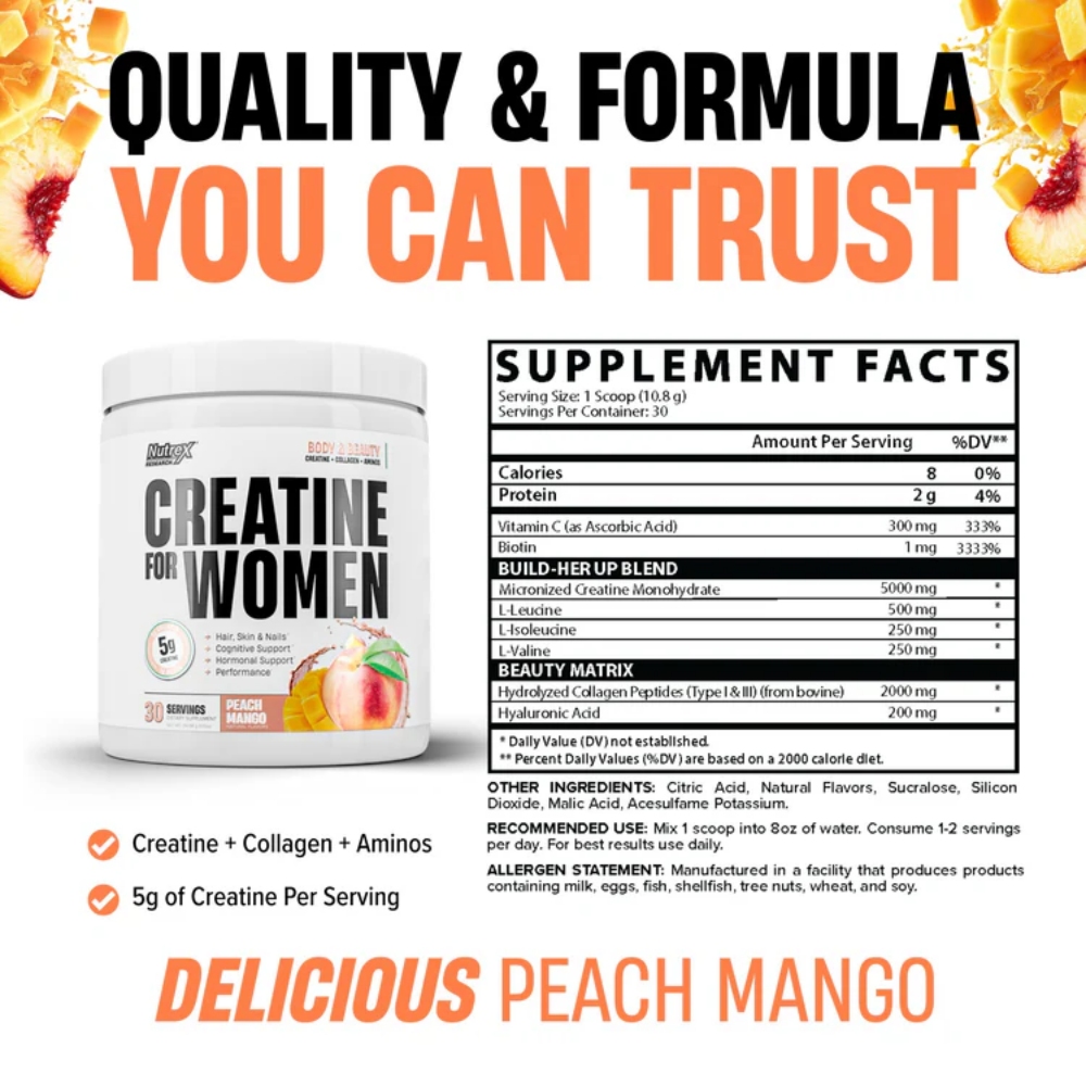 Supplement container for creatine for women in the peach mango flavor, featuring supplement facts and flavor description.