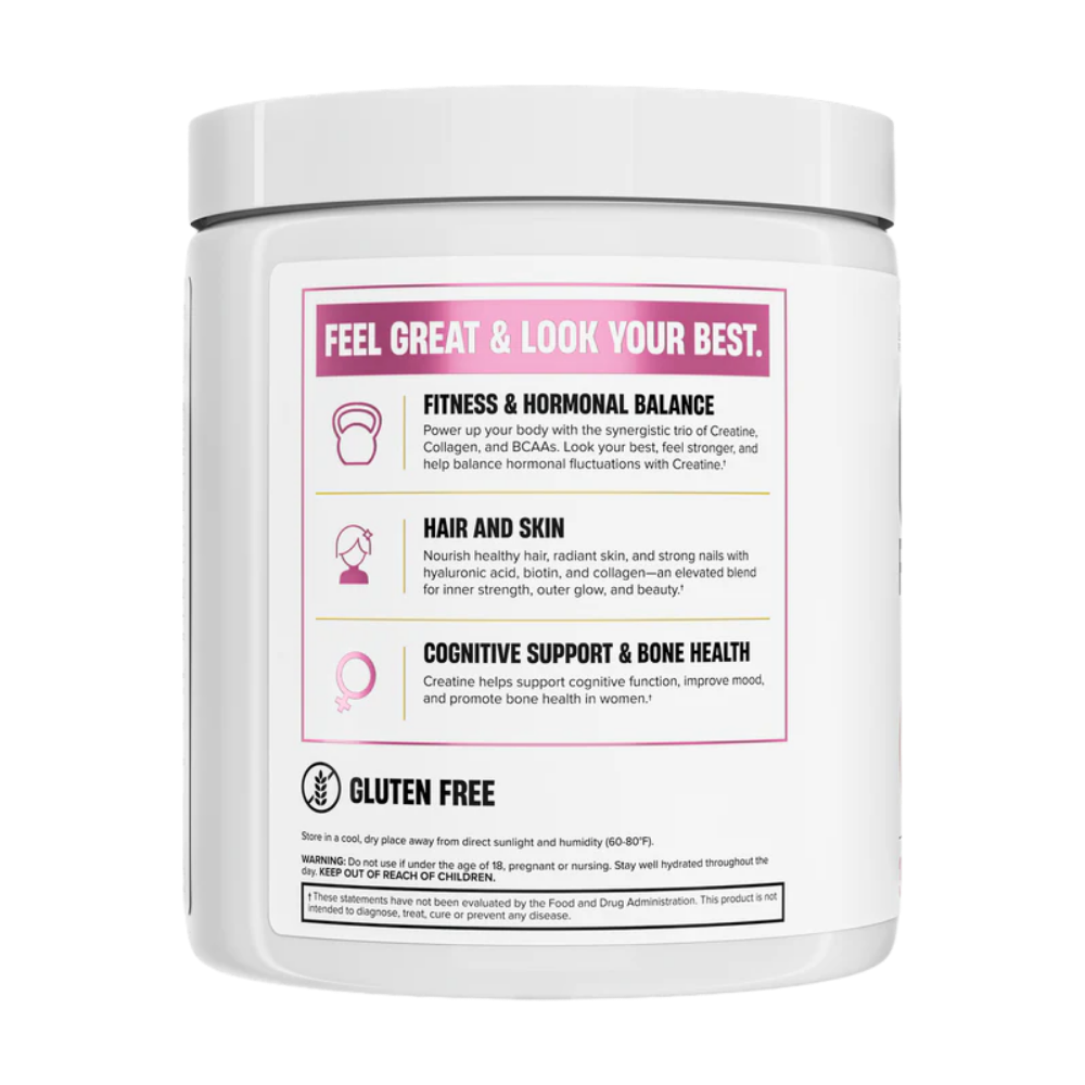 Nutrex creatine for women supplement container in the pink lemonade flavor with label on a white background