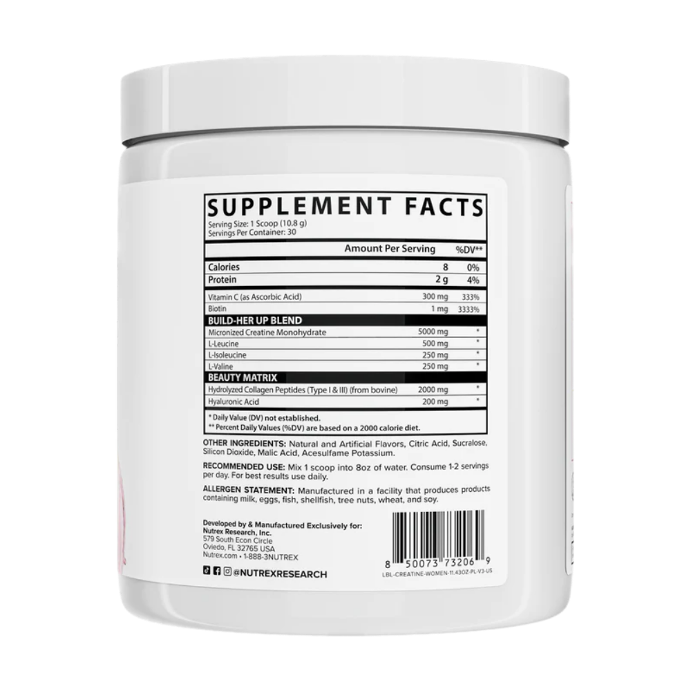 Nutrex creatine for women supplement container in the pink lemonade flavor with a label displaying 'Supplement Facts' on a white background