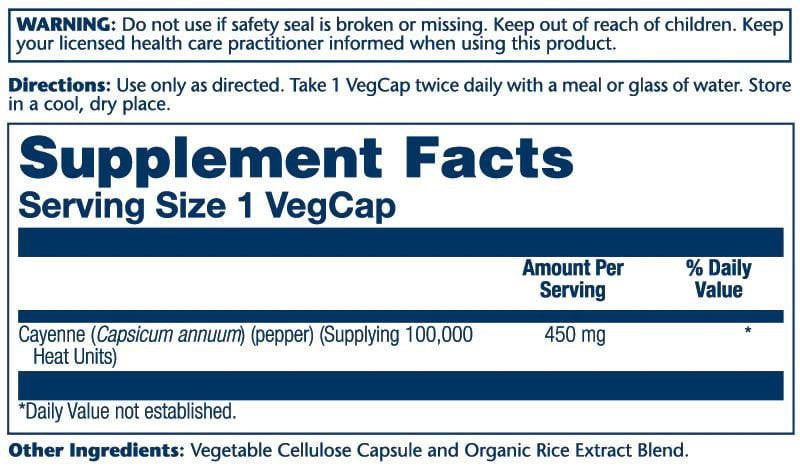  Solaray Cayenne 450mg (100,000 Heat Unit) 100 Capsules 