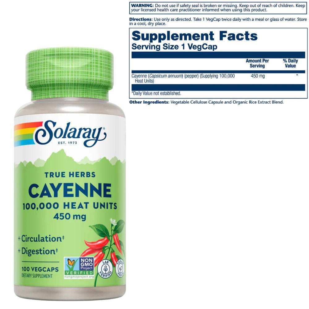  Solaray Cayenne 450mg (100,000 Heat Unit) 100 Capsules 