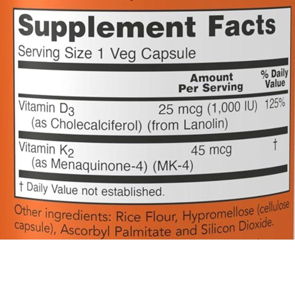  Now Foods Vitamin D-3 & K-2 1000IU / 45mcg 120 Vegetable Capsules 